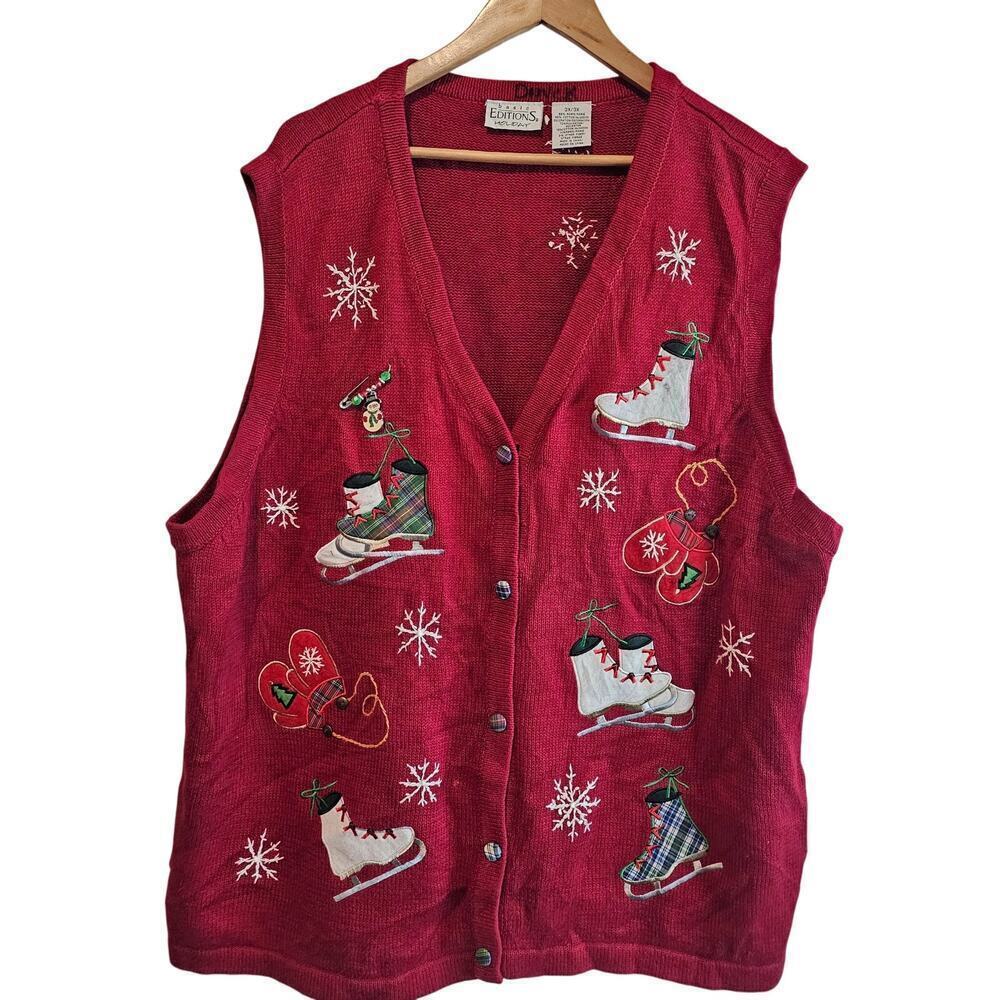 Vintage Christmas Sweater Vest Womens 3X Red Ice Skating Beaded Granny Cottage